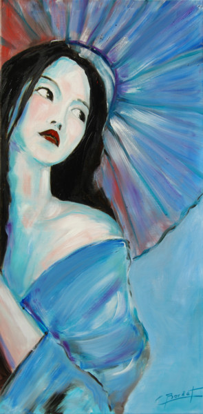 Peinture intitulée "Japonaise fond bleu" par Claude Bordat, Œuvre d'art originale, Huile Monté sur Châssis en bois