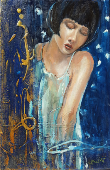 Painting titled "Modèle fond bleu" by Claude Bordat, Original Artwork, Oil Mounted on Wood Stretcher frame