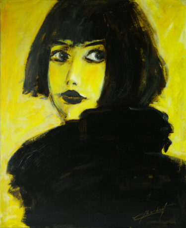 「Modèle jaune profil」というタイトルの絵画 Claude Bordatによって, オリジナルのアートワーク, オイル ウッドストレッチャーフレームにマウント