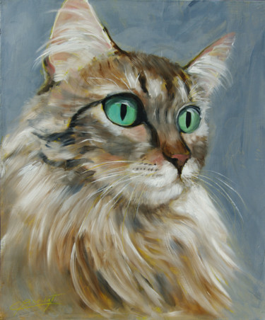 Painting titled "Chat yeux vert" by Claude Bordat, Original Artwork, Oil Mounted on Wood Stretcher frame