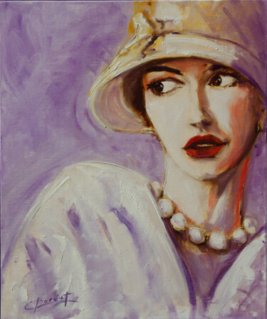 Pittura intitolato "Femme au chapeau bl…" da Claude Bordat, Opera d'arte originale, Olio Montato su Telaio per barella in le…