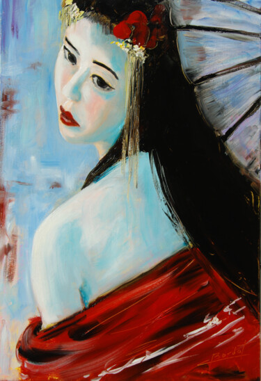 Painting titled "Japonaise a l'ombre…" by Claude Bordat, Original Artwork, Oil Mounted on Wood Stretcher frame