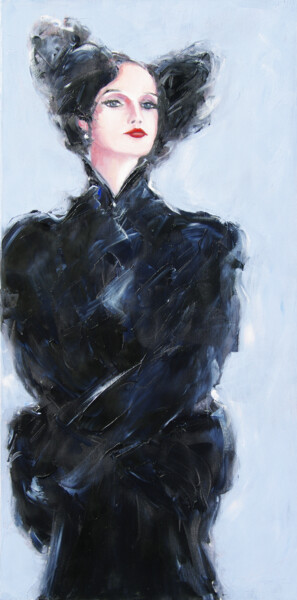 Painting titled "Femme au manteau no…" by Claude Bordat, Original Artwork, Oil Mounted on Wood Stretcher frame