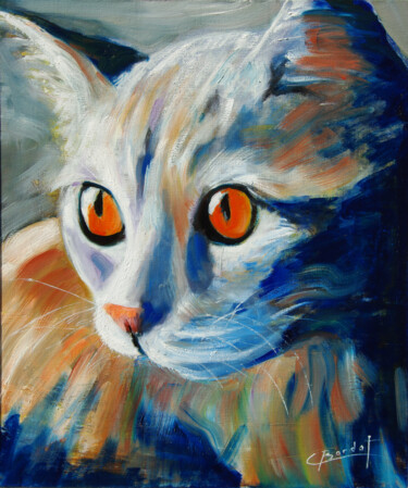 Painting titled "Chat yeux orangé" by Claude Bordat, Original Artwork, Oil Mounted on Wood Stretcher frame