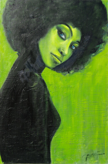 Painting titled "Femme en vert" by Claude Bordat, Original Artwork, Oil Mounted on Wood Stretcher frame