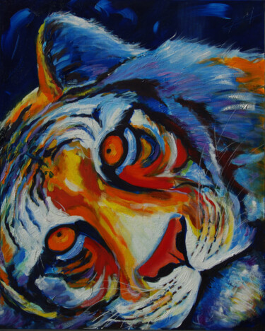 Painting titled "Le tigre" by Claude Bordat, Original Artwork, Oil Mounted on Wood Stretcher frame