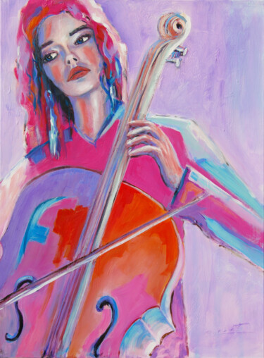 Painting titled "Violoncelliste" by Claude Bordat, Original Artwork, Oil Mounted on Wood Stretcher frame