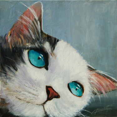 Painting titled "Chat couché" by Claude Bordat, Original Artwork, Oil Mounted on Wood Stretcher frame