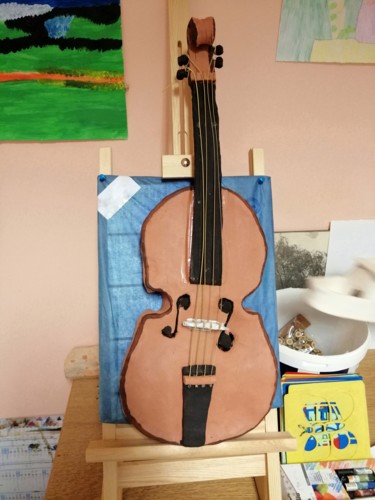 Sculpture titled "Violon décoratif en…" by Argilemusik, Original Artwork, Clay