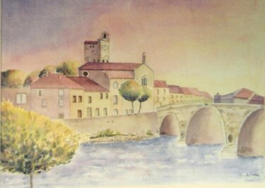 Pittura intitolato "le pont et le cloch…" da Claude Conte, Opera d'arte originale, Acquarello