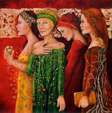 Painting titled "Procession Profane" by Claude Creach, Original Artwork, Oil Mounted on Wood Panel