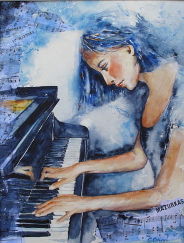 Painting titled "piano passion" by Claude Creach, Original Artwork, Watercolor