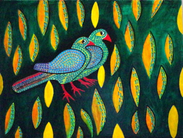 Painting titled "Oiseaux Mosaïc" by Claude De Jouvancourt, Original Artwork, Acrylic