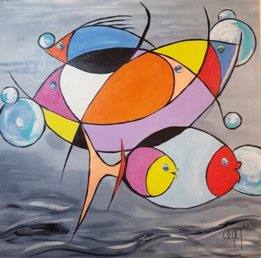 Painting titled "Poissons en balade" by Claude Degret, Original Artwork, Acrylic
