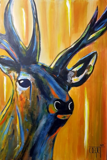 Painting titled "Le cerf observe" by Claude Degret, Original Artwork, Acrylic
