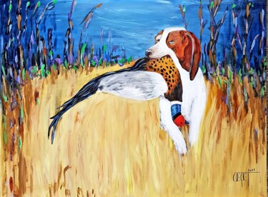 Painting titled "Le chien de chasse" by Claude Degret, Original Artwork, Acrylic