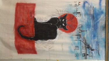 Peinture intitulée "Le chat noir. La bu…" par Claude Degret, Œuvre d'art originale