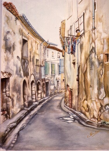 Pittura intitolato "une rue de MURVIEL…" da Claude Dubois, Opera d'arte originale, Acquarello