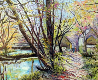 Painting titled "Le moulin neuf à Po…" by Claude Evrard, Original Artwork, Oil Mounted on Wood Stretcher frame