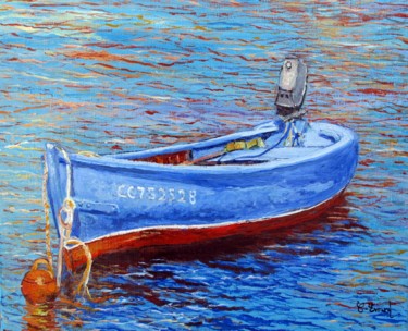 Painting titled "ANCRAGE (Barque en…" by Claude Evrard, Original Artwork, Oil Mounted on Wood Stretcher frame