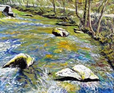 Painting titled "La rivière tourment…" by Claude Evrard, Original Artwork, Oil Mounted on Wood Stretcher frame