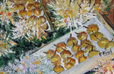 Painting titled "FLEURS ET FRUITS" by Claude Evrard, Original Artwork, Oil Mounted on Wood Stretcher frame