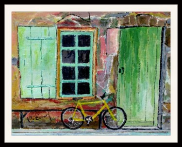 Schilderij getiteld "Le vélo jaune ( mai…" door Claude Evrard, Origineel Kunstwerk, Acryl Gemonteerd op Glas