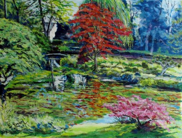 Painting titled "Le jardin japonais…" by Claude Evrard, Original Artwork, Acrylic Mounted on Plexiglass