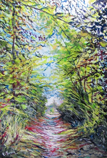 Painting titled "Le chemin couvert" by Claude Evrard, Original Artwork, Oil Mounted on Wood Stretcher frame