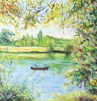 Painting titled "Sur le Cher (Montri…" by Claude Evrard, Original Artwork, Oil Mounted on Wood Stretcher frame