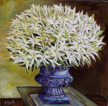 Painting titled "LYS EN BOUQUET" by Claude Evrard, Original Artwork, Oil Mounted on Wood Stretcher frame