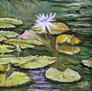 Painting titled "FLORAISON AQUATIQUE" by Claude Evrard, Original Artwork, Oil Mounted on Wood Stretcher frame