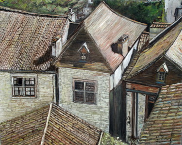Painting titled "MOSAIQUE (Village d…" by Claude Evrard, Original Artwork, Oil Mounted on Wood Stretcher frame