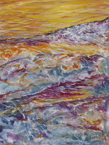 Painting titled "VAGUES AU COUCHANT" by Claude Evrard, Original Artwork, Oil Mounted on Wood Stretcher frame