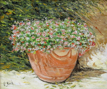 Painting titled "Le pot de géraniums" by Claude Evrard, Original Artwork, Oil Mounted on Wood Stretcher frame