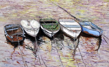 Painting titled "Barques bretonnes (…" by Claude Evrard, Original Artwork, Oil Mounted on Wood Stretcher frame