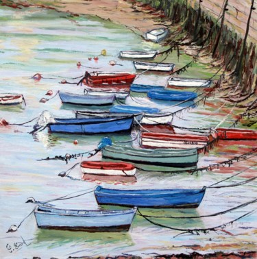Картина под названием "Les barques de la V…" - Claude Evrard, Подлинное произведение искусства, Масло Установлен на Деревянн…