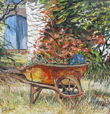 Painting titled "La brouette fleurie" by Claude Evrard, Original Artwork, Oil Mounted on Wood Stretcher frame