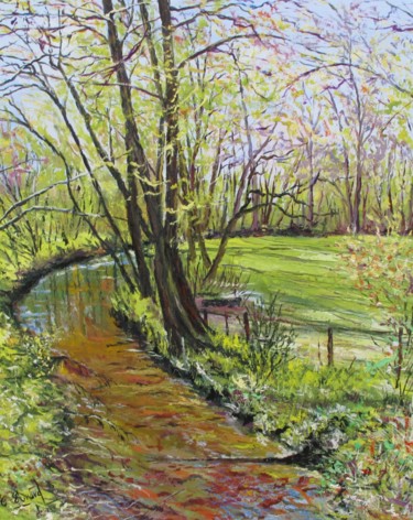 Painting titled "La rivière printani…" by Claude Evrard, Original Artwork, Oil Mounted on Wood Stretcher frame