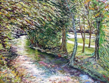 Painting titled "La rivière argentée" by Claude Evrard, Original Artwork, Oil Mounted on Wood Stretcher frame