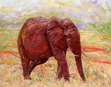 Painting titled "L'éléphant rouge (R…" by Claude Evrard, Original Artwork, Oil Mounted on Wood Stretcher frame