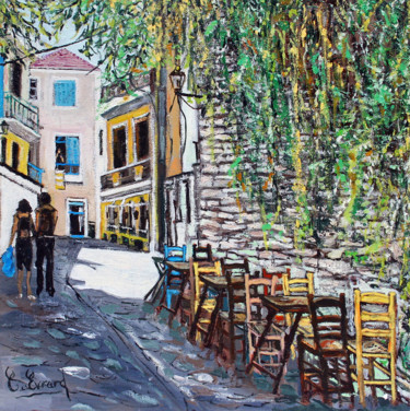 Painting titled "La terasse (Ile gre…" by Claude Evrard, Original Artwork, Oil Mounted on Wood Stretcher frame