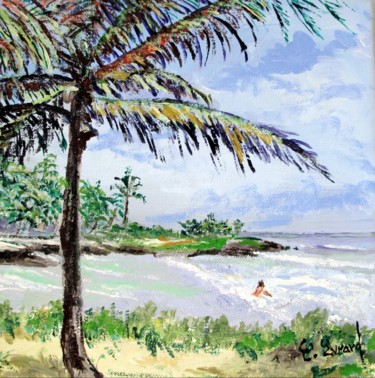 Painting titled "La plage (Guadeloup…" by Claude Evrard, Original Artwork, Acrylic Mounted on Wood Stretcher frame