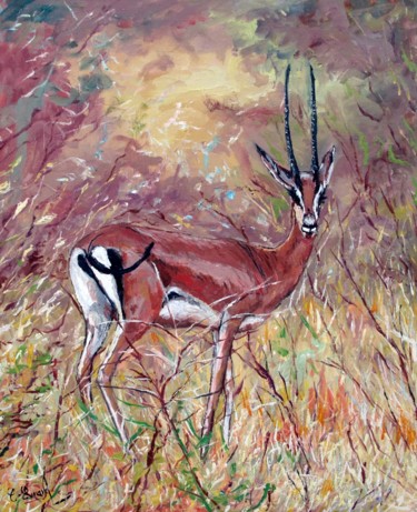 Malerei mit dem Titel "La gazelle (réserve…" von Claude Evrard, Original-Kunstwerk, Öl Auf Keilrahmen aus Holz montiert