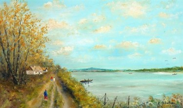 Painting titled "chemin  du lac" by Claude Gobalian, Original Artwork, Oil