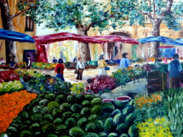 Pintura intitulada "marché de provence" por Claude Gobalian, Obras de arte originais, Óleo