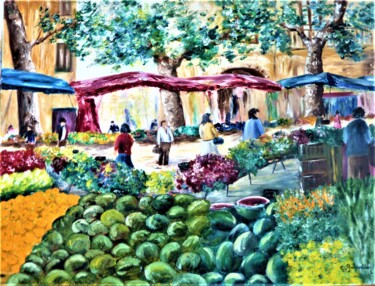 Painting titled "Le marché Provencale" by Claude Gobalian, Original Artwork, Oil