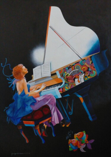 Painting titled "Le clavier s'envole…" by Claude Grégoire, Original Artwork, Acrylic Mounted on Wood Stretcher frame