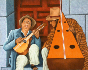 Pintura intitulada "musiciens aveugles…" por Claude Guillemet, Obras de arte originais, Óleo Montado em Armação em madeira
