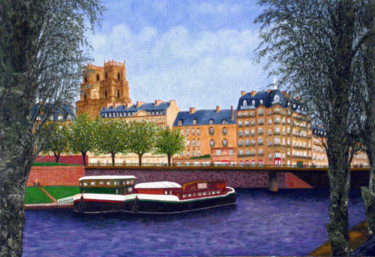 Картина под названием "péniches à Rennes.j…" - Claude Guillemet, Подлинное произведение искусства, Масло Установлен на Дерев…